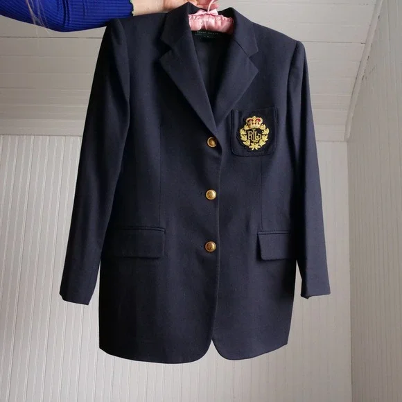 1990s Lauren Ralph Lauren gold bouillon crest navy wool twill blazer - Picture 4 of 9